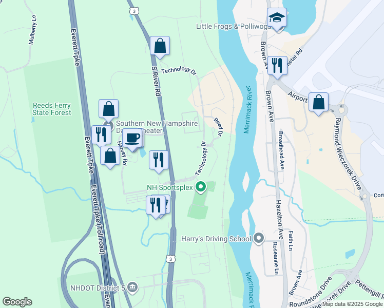 map of restaurants, bars, coffee shops, grocery stores, and more near 49 Technology Drive in Bedford