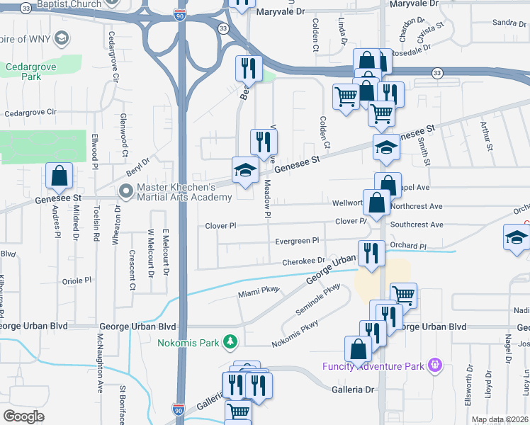 map of restaurants, bars, coffee shops, grocery stores, and more near 86 Meadow Place in Buffalo