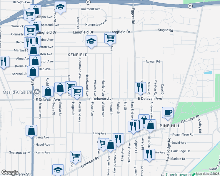 map of restaurants, bars, coffee shops, grocery stores, and more near 42 Edison Avenue in Buffalo