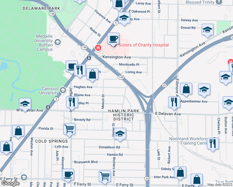 map of restaurants, bars, coffee shops, grocery stores, and more near 170 Blaine Avenue in Buffalo