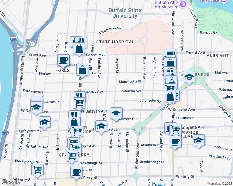 map of restaurants, bars, coffee shops, grocery stores, and more near 313 Baynes Street in Buffalo