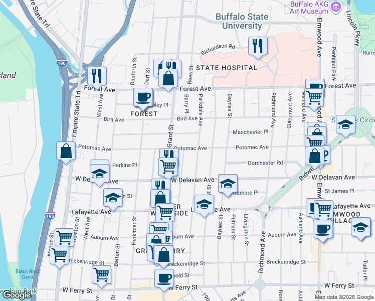 map of restaurants, bars, coffee shops, grocery stores, and more near 307 Potomac Avenue in Buffalo