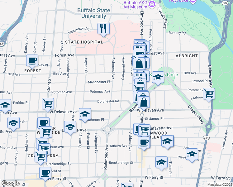 map of restaurants, bars, coffee shops, grocery stores, and more near 509 Potomac Avenue in Buffalo