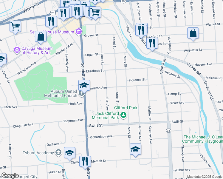 map of restaurants, bars, coffee shops, grocery stores, and more near 28 Hamilton Avenue in Auburn