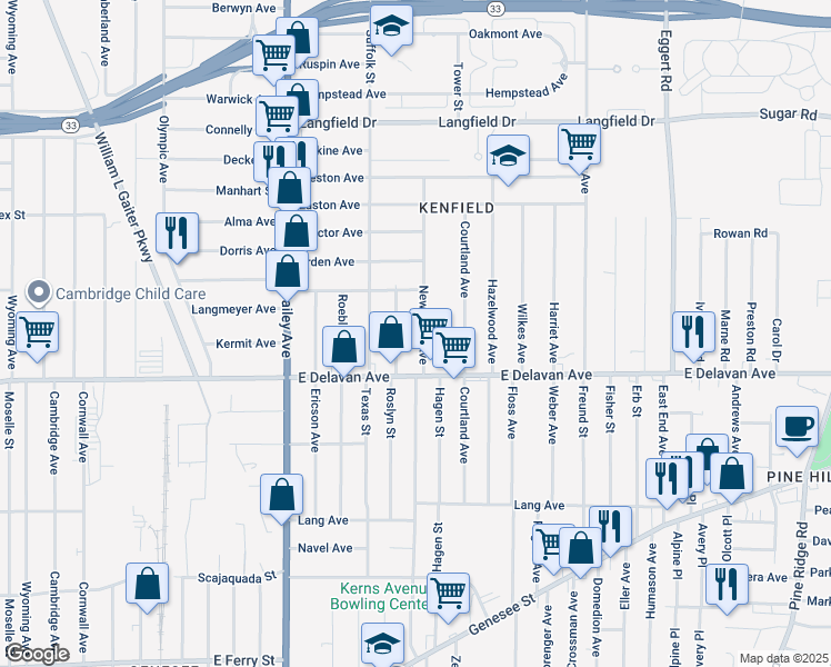 map of restaurants, bars, coffee shops, grocery stores, and more near 336 Newburgh Avenue in Buffalo