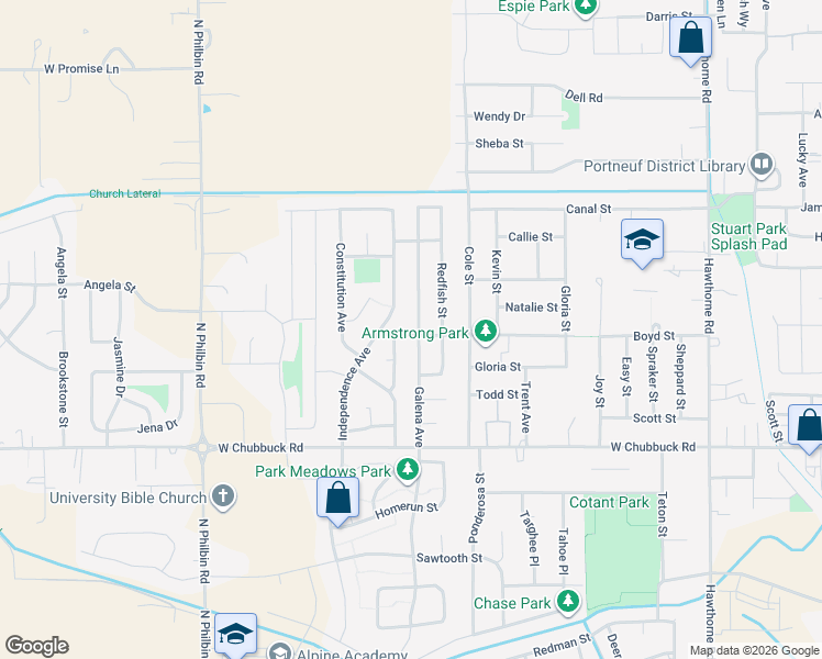 map of restaurants, bars, coffee shops, grocery stores, and more near 958 Boyd Street in Pocatello