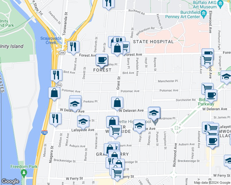 map of restaurants, bars, coffee shops, grocery stores, and more near 368 Grant Street in Buffalo