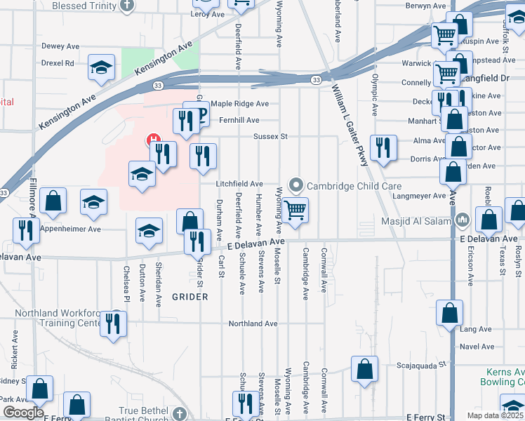 map of restaurants, bars, coffee shops, grocery stores, and more near 49 Humber Avenue in Buffalo