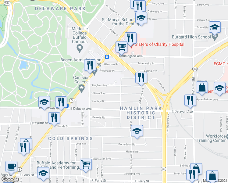 map of restaurants, bars, coffee shops, grocery stores, and more near 88 Blaine Avenue in Buffalo