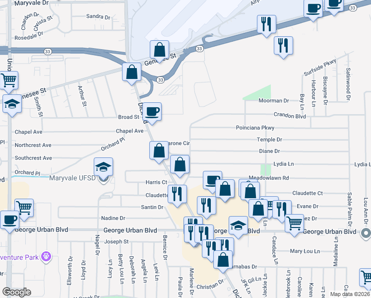 map of restaurants, bars, coffee shops, grocery stores, and more near 13 Barone Circle in Buffalo