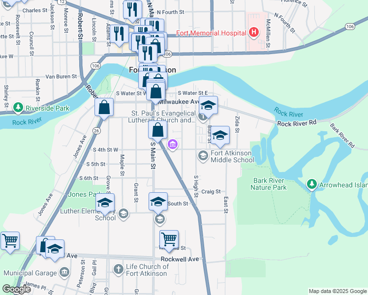 map of restaurants, bars, coffee shops, grocery stores, and more near 341 Foster Street in Fort Atkinson