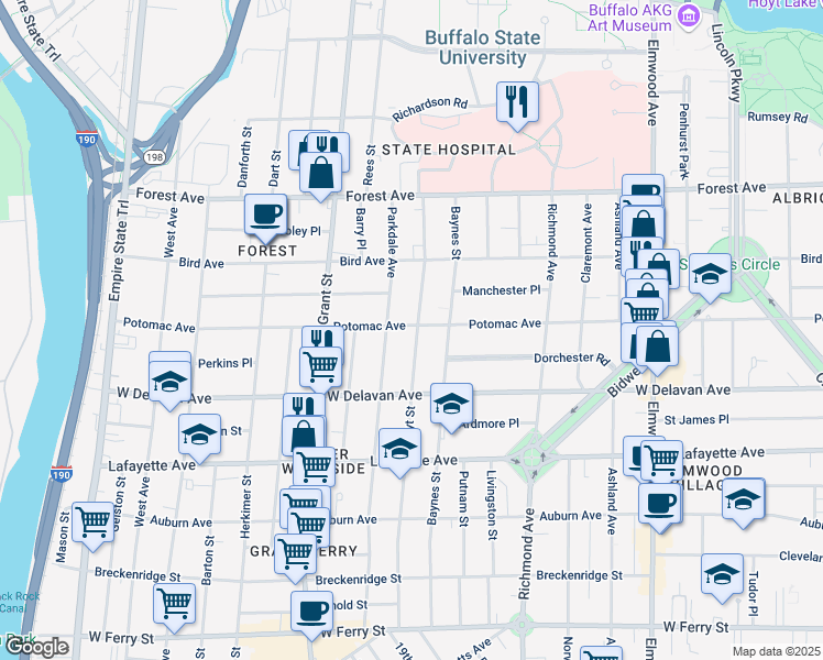 map of restaurants, bars, coffee shops, grocery stores, and more near 351 Potomac Avenue in Buffalo