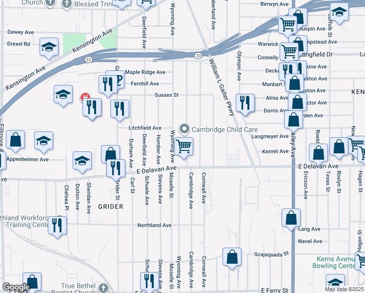 map of restaurants, bars, coffee shops, grocery stores, and more near 342 Cambridge Ave in Buffalo