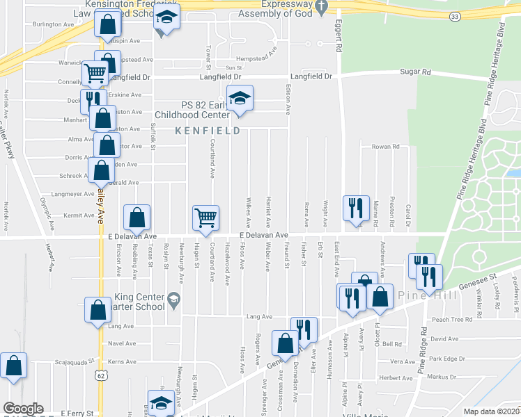 map of restaurants, bars, coffee shops, grocery stores, and more near 42 Harriet Avenue in Buffalo