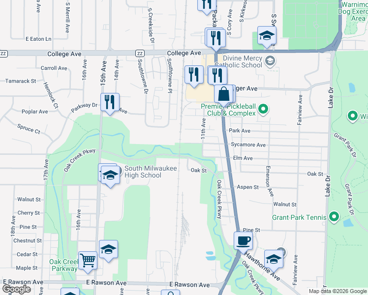 map of restaurants, bars, coffee shops, grocery stores, and more near 1121 Sycamore Avenue in South Milwaukee