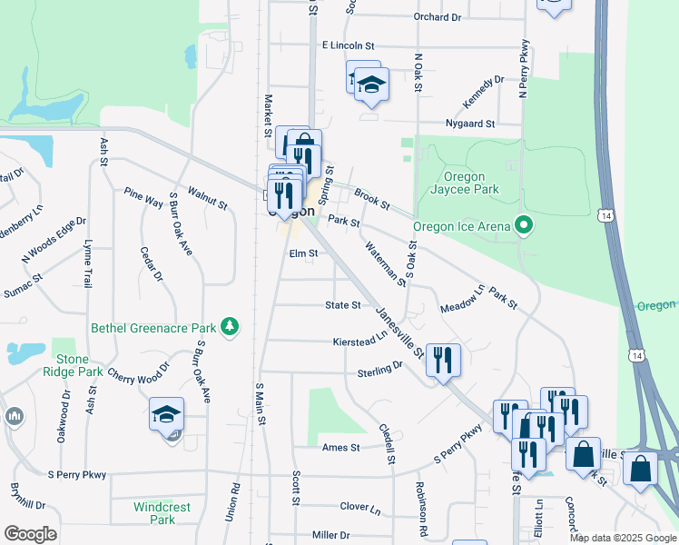 map of restaurants, bars, coffee shops, grocery stores, and more near 310 Janesville Street in Oregon