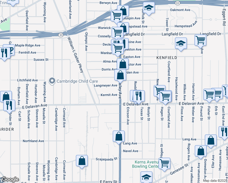 map of restaurants, bars, coffee shops, grocery stores, and more near 60 Kermit Ave in Buffalo