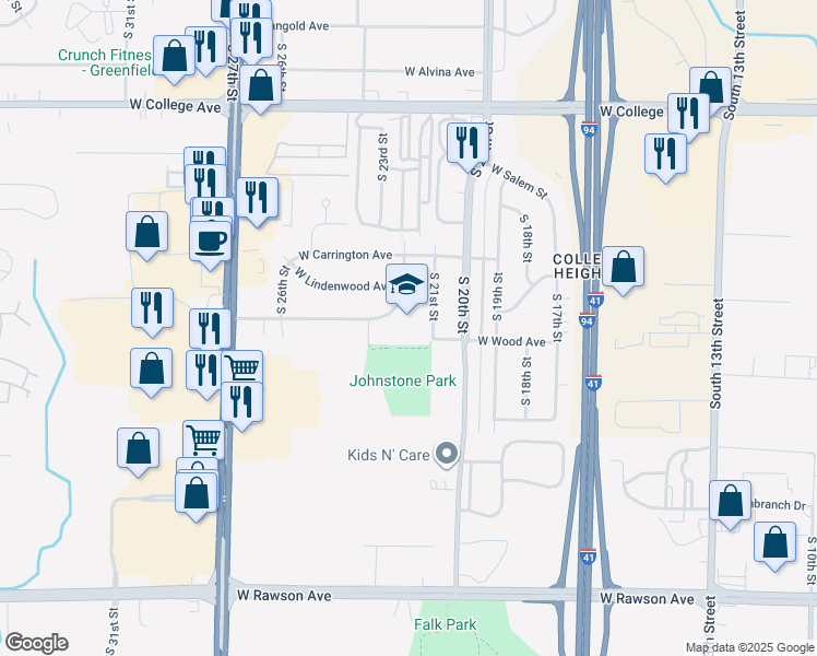 map of restaurants, bars, coffee shops, grocery stores, and more near 2225 West Sycamore Avenue in Oak Creek