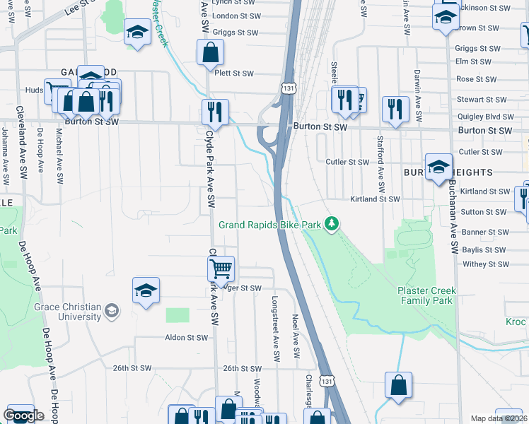 map of restaurants, bars, coffee shops, grocery stores, and more near 634 Kirtland Street Southwest in Grand Rapids