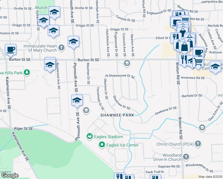 map of restaurants, bars, coffee shops, grocery stores, and more near 2149 Shawnee Drive Southeast in Grand Rapids