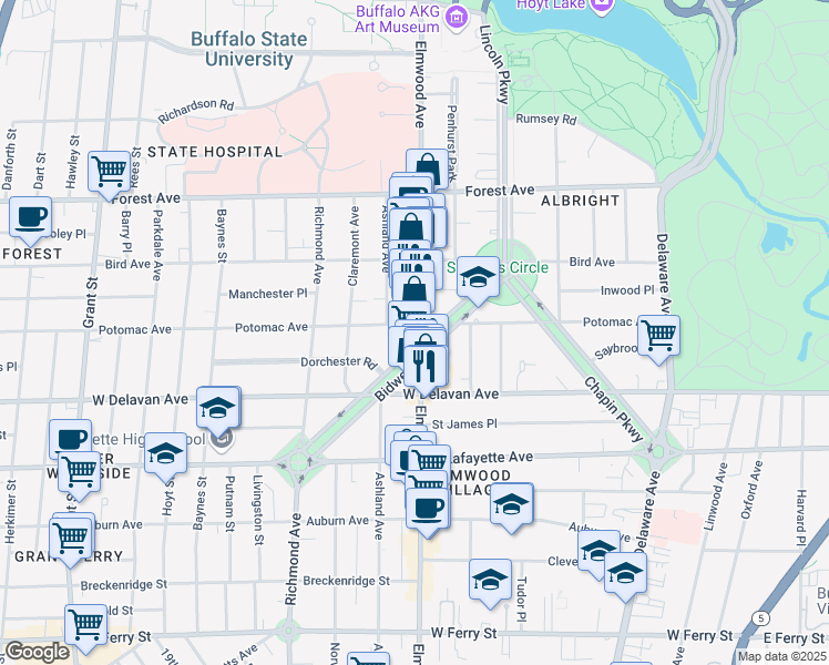 map of restaurants, bars, coffee shops, grocery stores, and more near 982 Elmwood Avenue in Buffalo