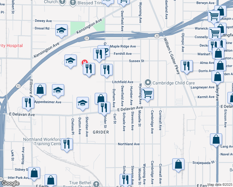 map of restaurants, bars, coffee shops, grocery stores, and more near 61 Durham Avenue in Buffalo