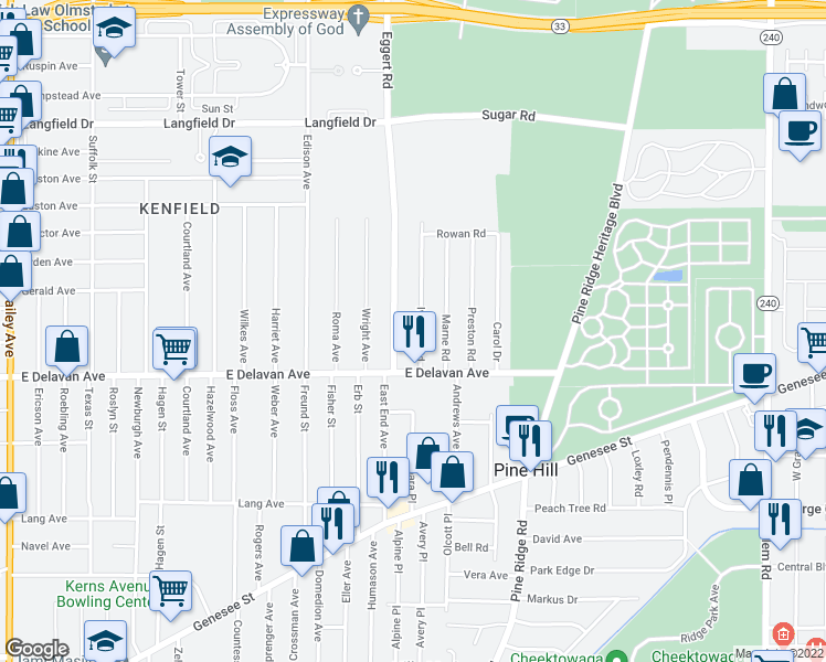 map of restaurants, bars, coffee shops, grocery stores, and more near 40 Ivanhoe Road in Buffalo
