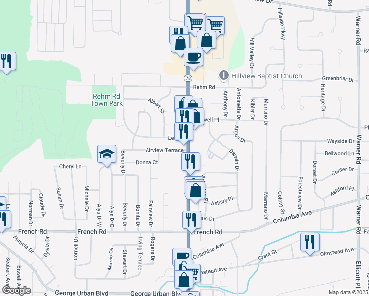 map of restaurants, bars, coffee shops, grocery stores, and more near 6160 Transit Road in Depew