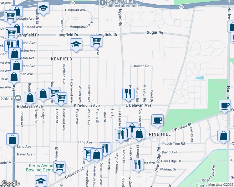 map of restaurants, bars, coffee shops, grocery stores, and more near 43 Wright Ave in Buffalo