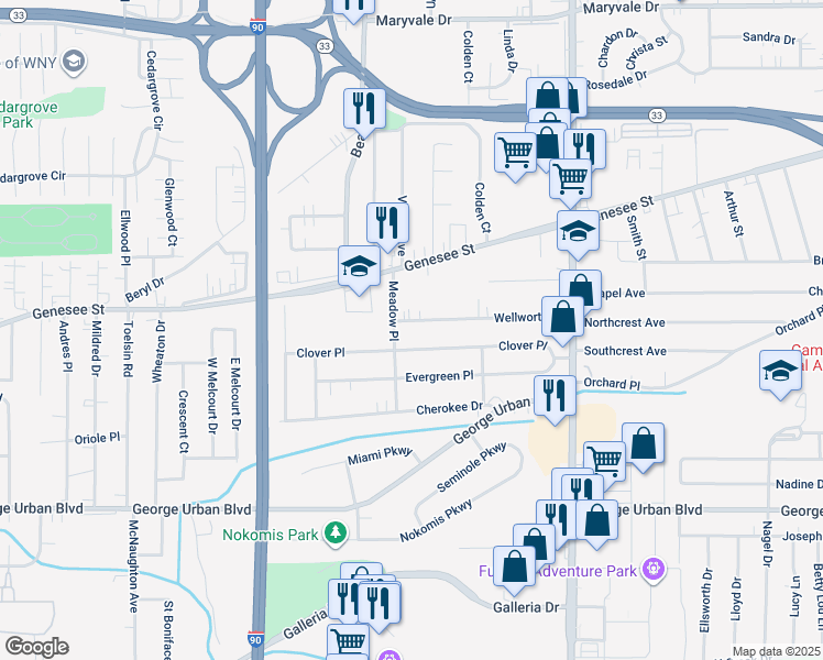 map of restaurants, bars, coffee shops, grocery stores, and more near 15 Wellworth Place in Buffalo
