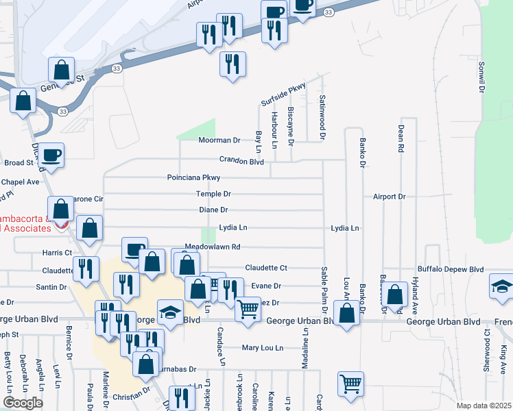 map of restaurants, bars, coffee shops, grocery stores, and more near 160 Diane Drive in Cheektowaga