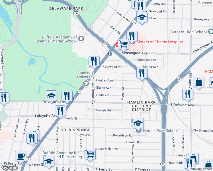 map of restaurants, bars, coffee shops, grocery stores, and more near 52 Blaine Ave in Buffalo