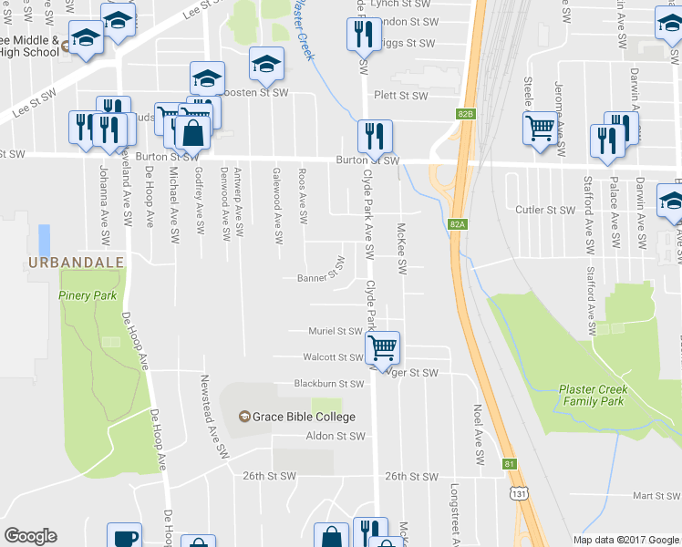map of restaurants, bars, coffee shops, grocery stores, and more near 2200 Banner Drive Southwest in Wyoming