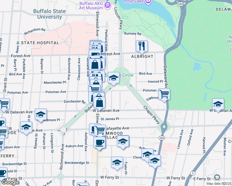 map of restaurants, bars, coffee shops, grocery stores, and more near 669 Potomac Avenue in Buffalo