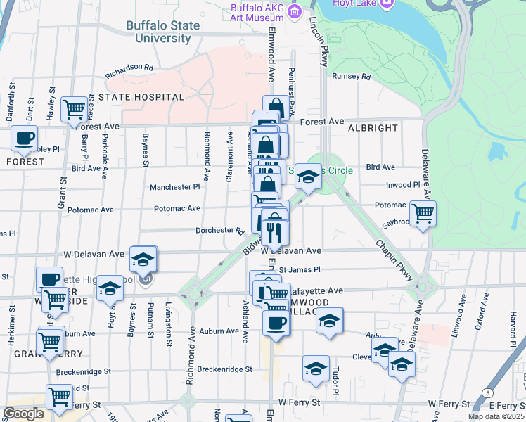 map of restaurants, bars, coffee shops, grocery stores, and more near 585 Potomac Avenue in Buffalo