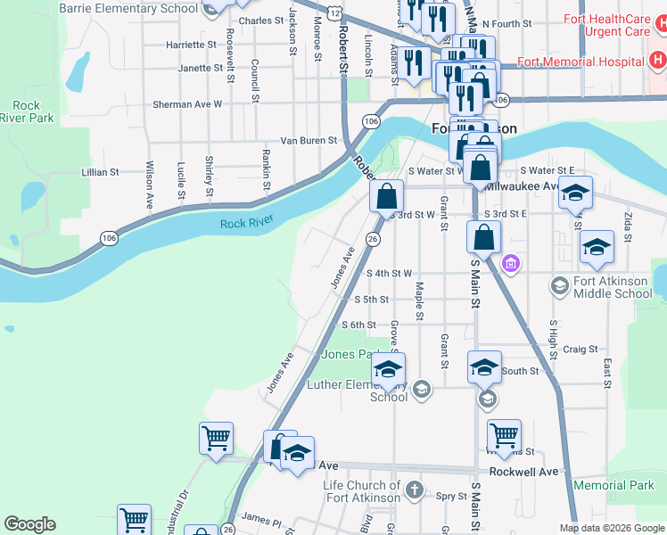 map of restaurants, bars, coffee shops, grocery stores, and more near 418 Jones Avenue in Fort Atkinson