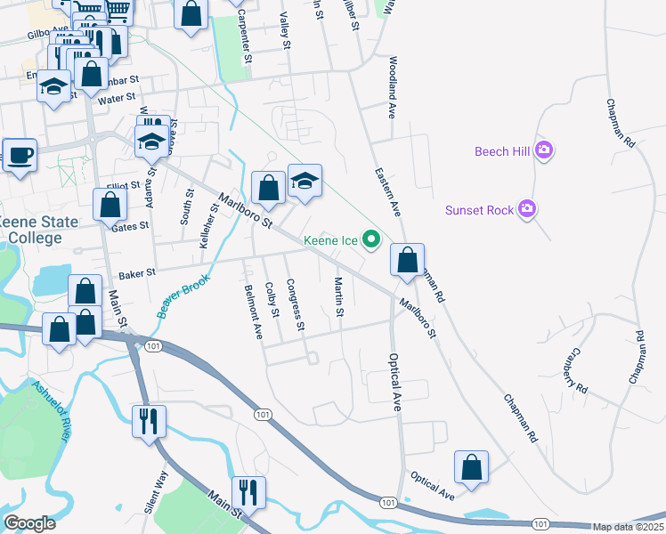 map of restaurants, bars, coffee shops, grocery stores, and more near 382 Marlboro Street in Keene