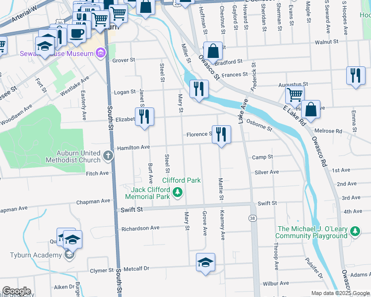 map of restaurants, bars, coffee shops, grocery stores, and more near 58 Hamilton Avenue in Auburn