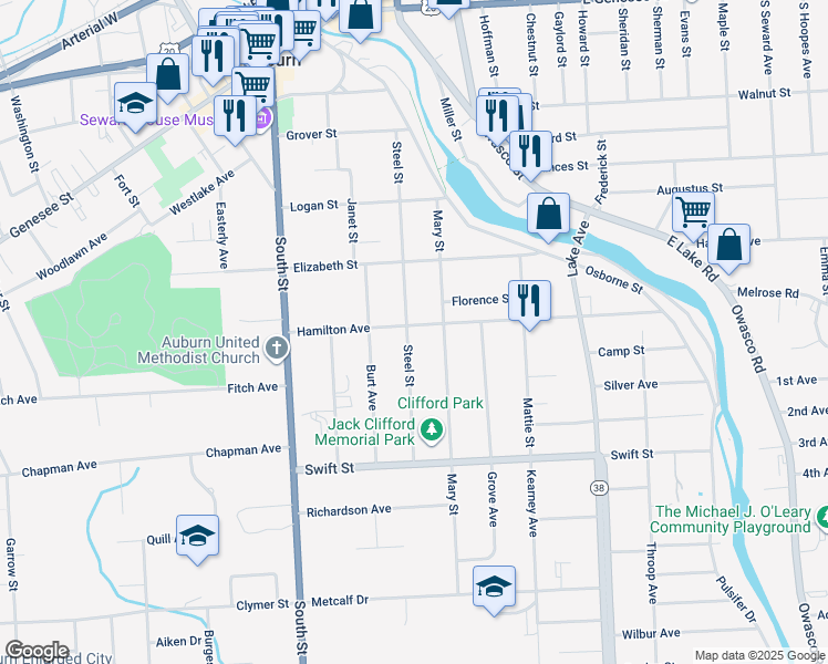map of restaurants, bars, coffee shops, grocery stores, and more near 42 Hamilton Avenue in Auburn