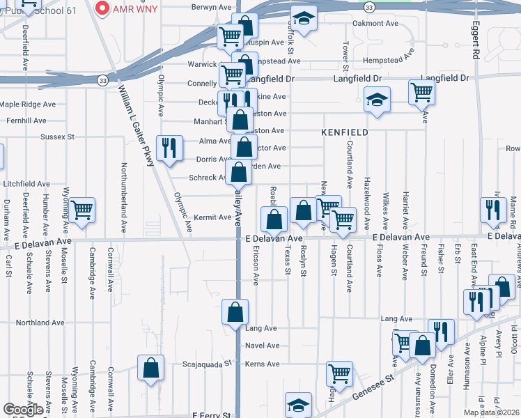 map of restaurants, bars, coffee shops, grocery stores, and more near 192 Ericson Avenue in Buffalo