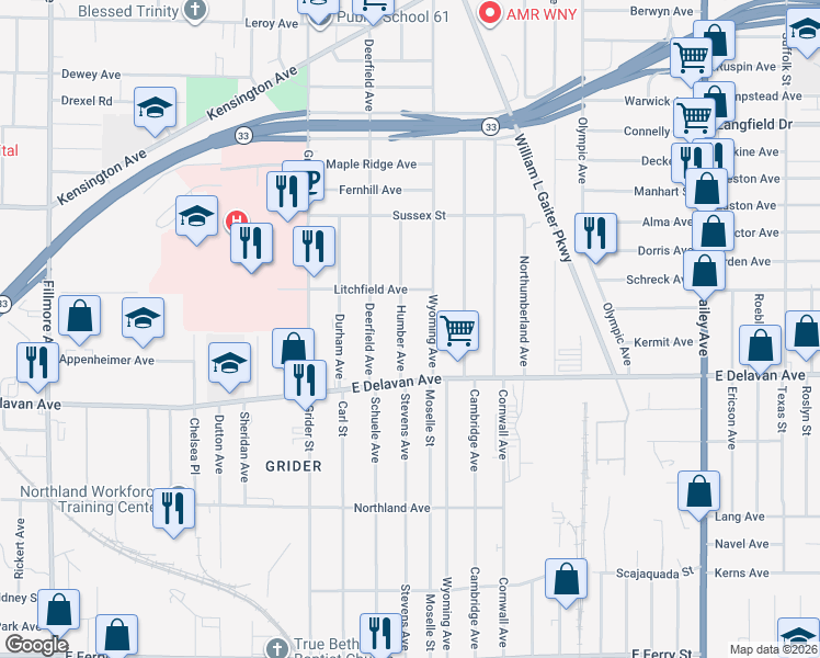 map of restaurants, bars, coffee shops, grocery stores, and more near 53 Humber Avenue in Buffalo
