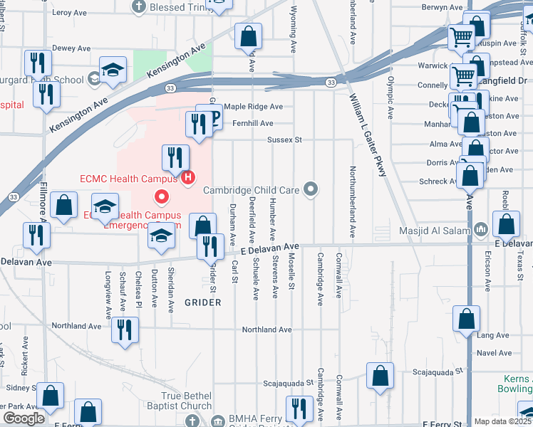 map of restaurants, bars, coffee shops, grocery stores, and more near 59 Deerfield Avenue in Buffalo