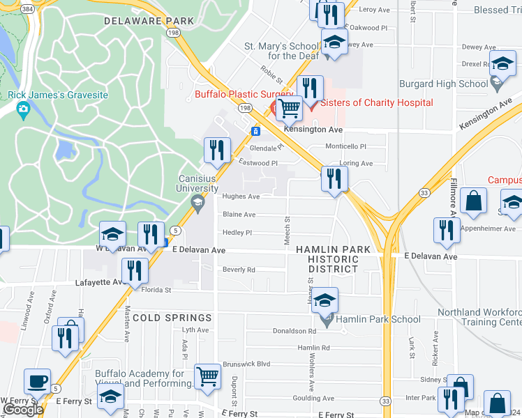 map of restaurants, bars, coffee shops, grocery stores, and more near 88 Blaine Avenue in Buffalo