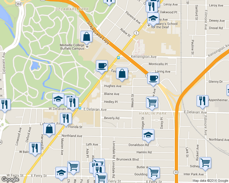 map of restaurants, bars, coffee shops, grocery stores, and more near 52 Blaine Avenue in Buffalo