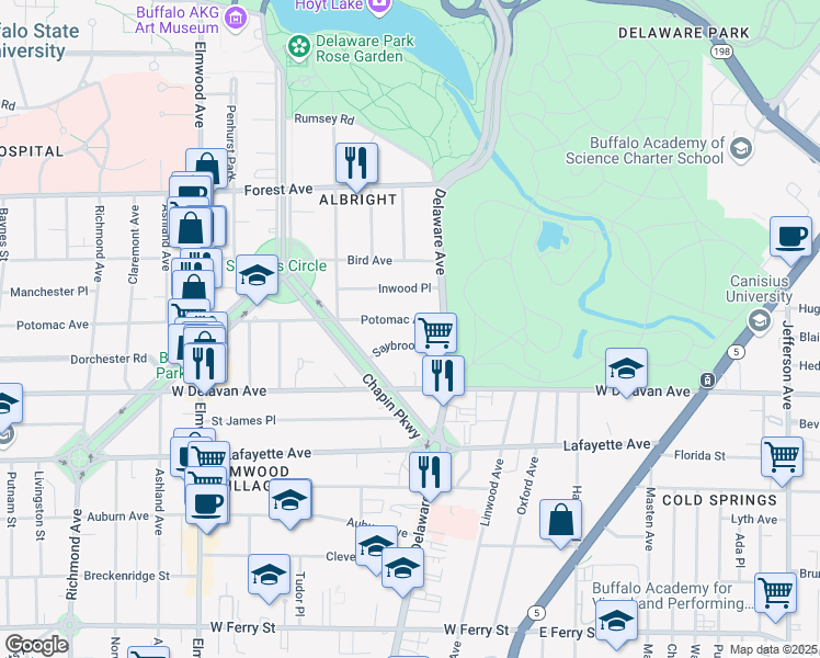 map of restaurants, bars, coffee shops, grocery stores, and more near 825 Potomac Avenue in Buffalo