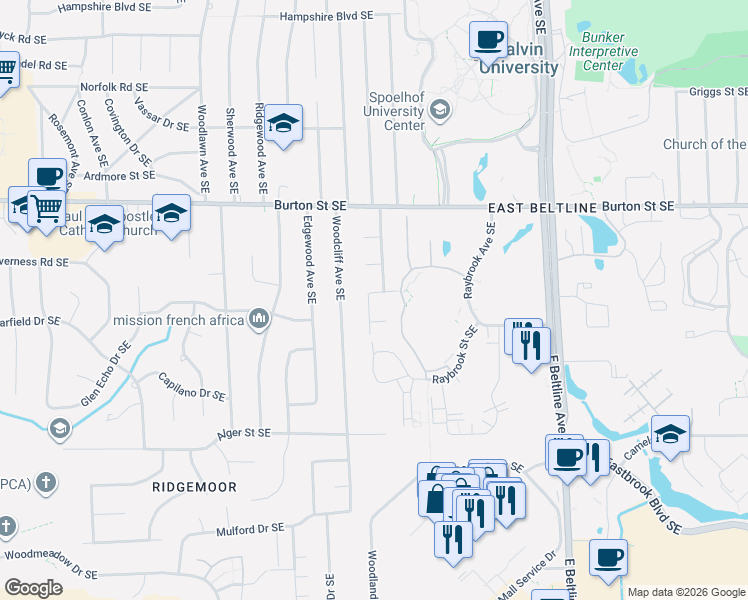 map of restaurants, bars, coffee shops, grocery stores, and more near 3110 Claystone Street Southeast in Grand Rapids