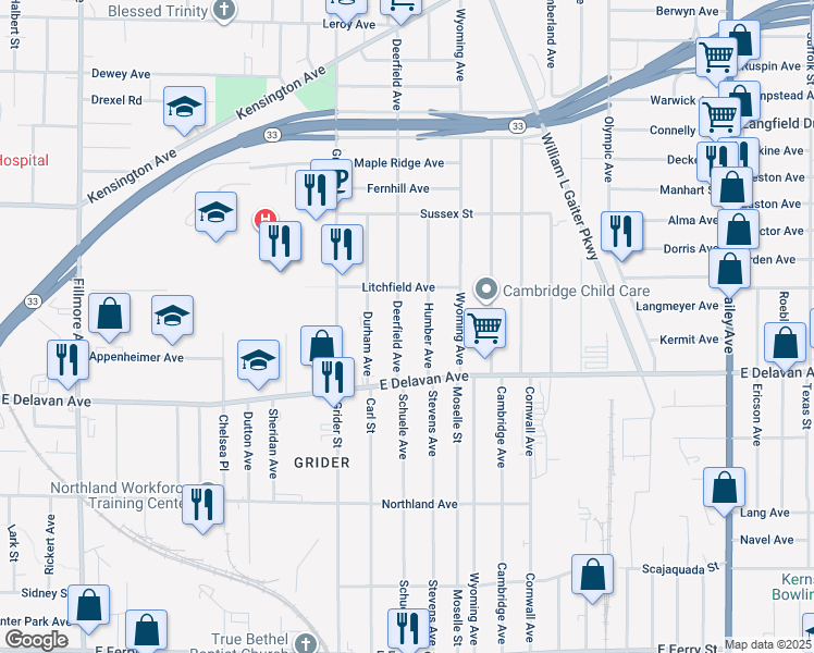 map of restaurants, bars, coffee shops, grocery stores, and more near 59 Deerfield Ave in Buffalo