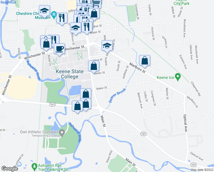 map of restaurants, bars, coffee shops, grocery stores, and more near 48 Baker Street in Keene