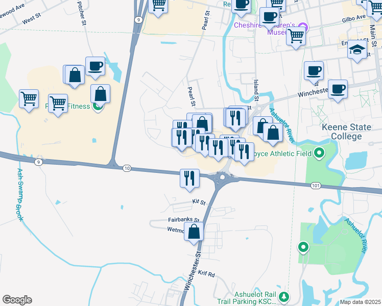 map of restaurants, bars, coffee shops, grocery stores, and more near 63 Key Road in Keene