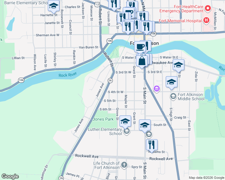 map of restaurants, bars, coffee shops, grocery stores, and more near 312 South 4th Street West in Fort Atkinson